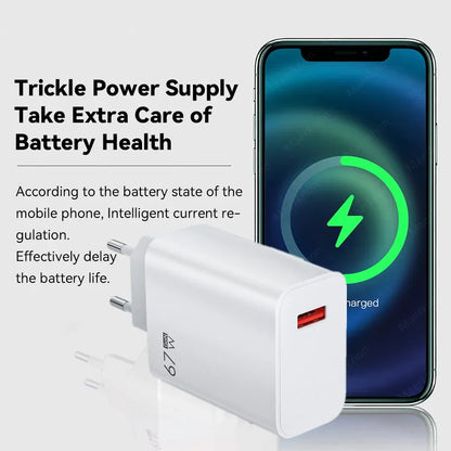 67W USB GaN Charger Fast Charging EU/US Plug Phone Power Adapter For iPhone Samsung Xiaomi Huawei 10A Type C Quick Charge Cable