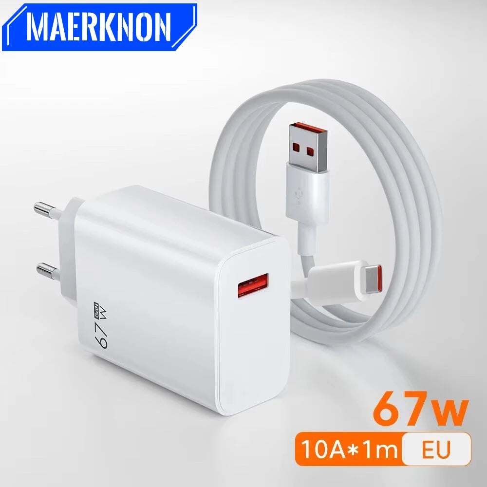 67W USB GaN Charger Fast Charging EU/US Plug Phone Power Adapter For iPhone Samsung Xiaomi Huawei 10A Type C Quick Charge Cable