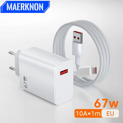 67W USB GaN Charger Fast Charging EU/US Plug Phone Power Adapter For iPhone Samsung Xiaomi Huawei 10A Type C Quick Charge Cable