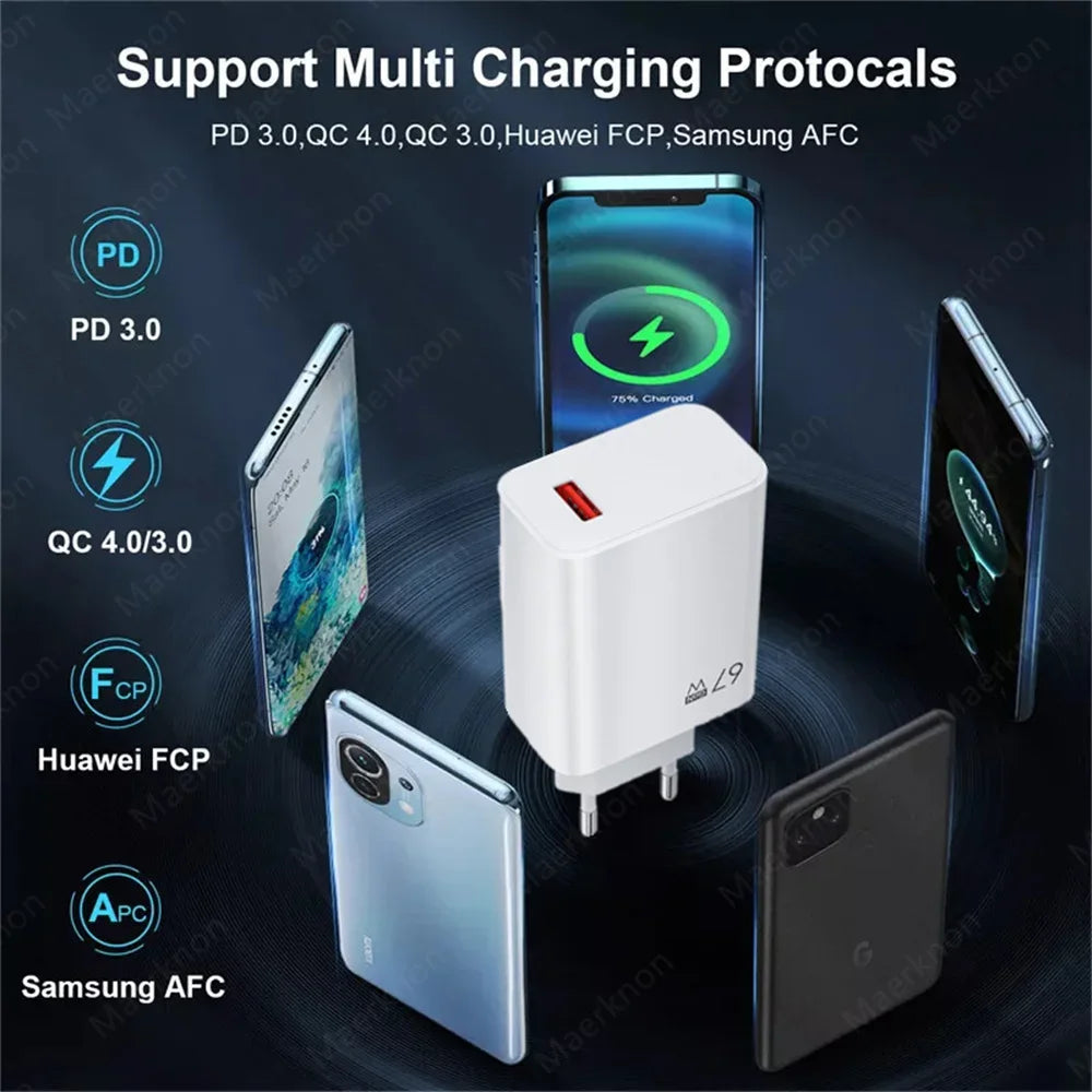 67W USB GaN Charger Fast Charging EU/US Plug Phone Power Adapter For iPhone Samsung Xiaomi Huawei 10A Type C Quick Charge Cable