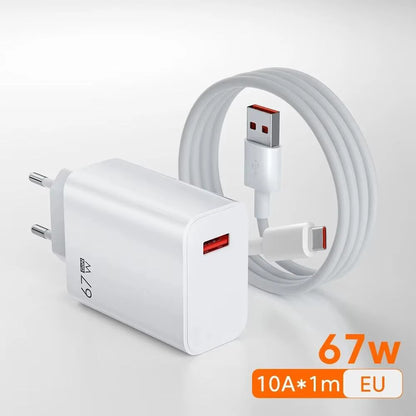 67W USB GaN Charger Fast Charging EU/US Plug Phone Power Adapter For iPhone Samsung Xiaomi Huawei 10A Type C Quick Charge Cable