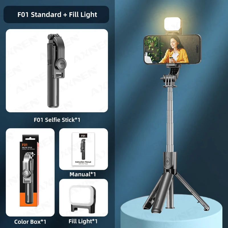 Bluetooth Selfie Stick Tripod Desktop Stand, Phone Holder, Wireless Remote Shutter, for iPhone Android, Option with Fill Light