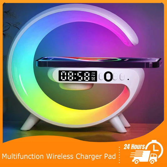 Multifunction Wireless Charger Stand Bluetooth Audio RGB Night Light 15W Fast Charging Station for IPhone Samsung Xiaomi Huawei