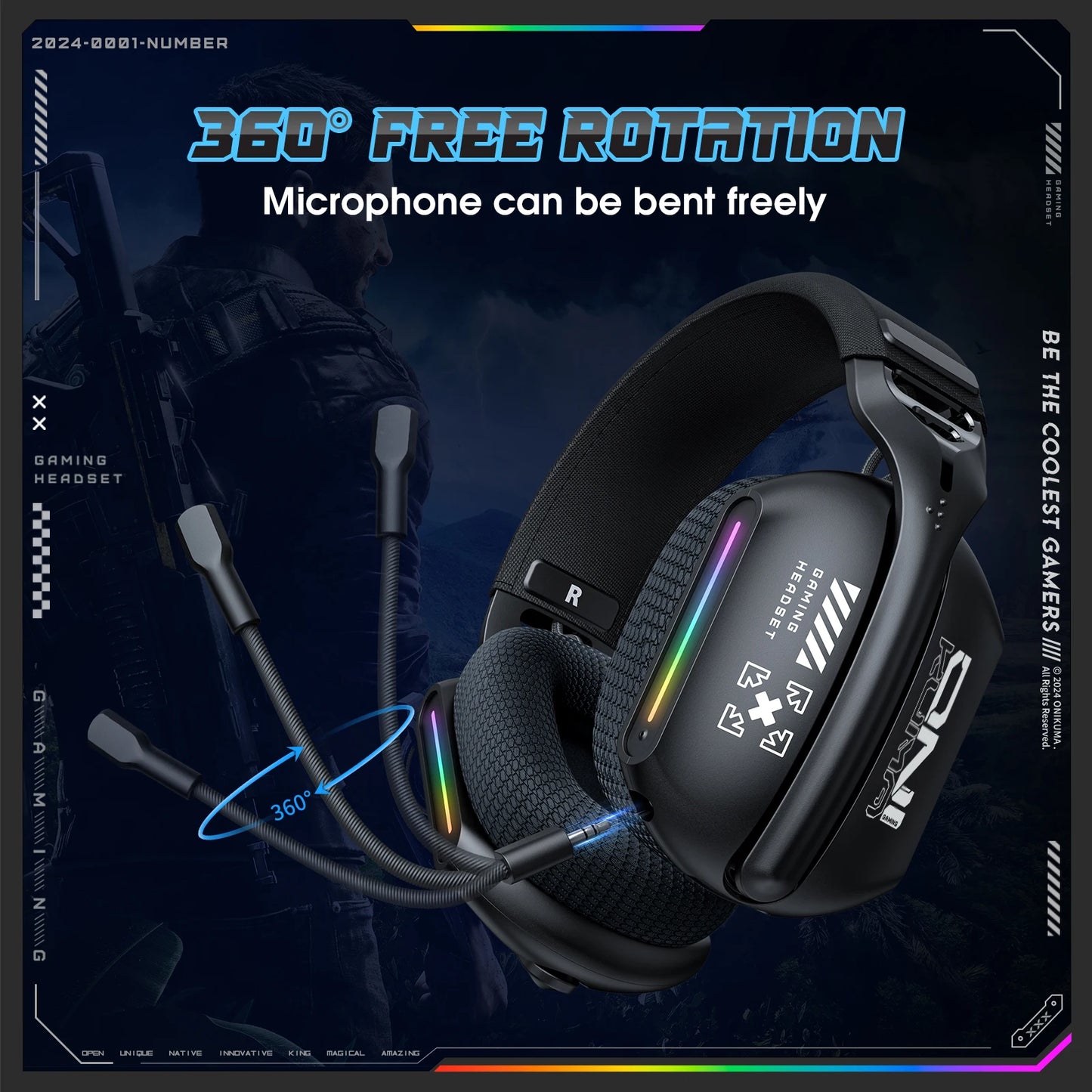 ONIKUMA GT808 Tri-mode Gaming Headset RGB Lighting 2.4G Wireless Gaming PC Wired Desktop with Headset   Ultra Long Life