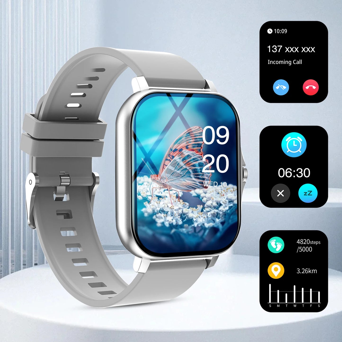 Sports smart watch, fitness activity detector, Bluetooth calling, message reminder view, unisex, suitable for Android and iPhone