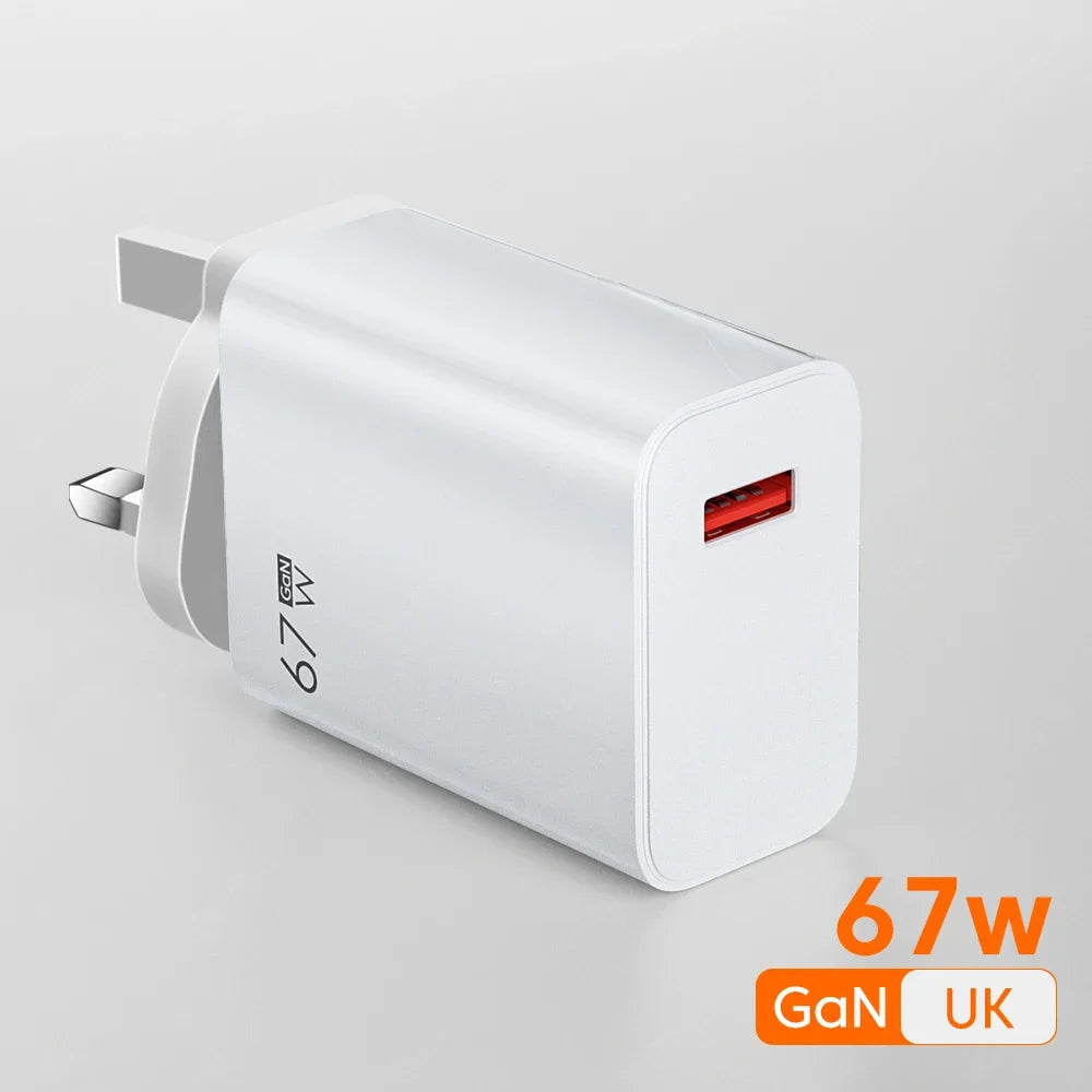 67W USB GaN Charger Fast Charging EU/US Plug Phone Power Adapter For iPhone Samsung Xiaomi Huawei 10A Type C Quick Charge Cable