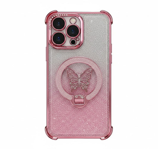 Luxury Butterfly Glitter Holder With Lens Film Phone Case For iPhone 11 12 13 14 15 16 Pro Max Plus Four Corner Anti Fall Cover